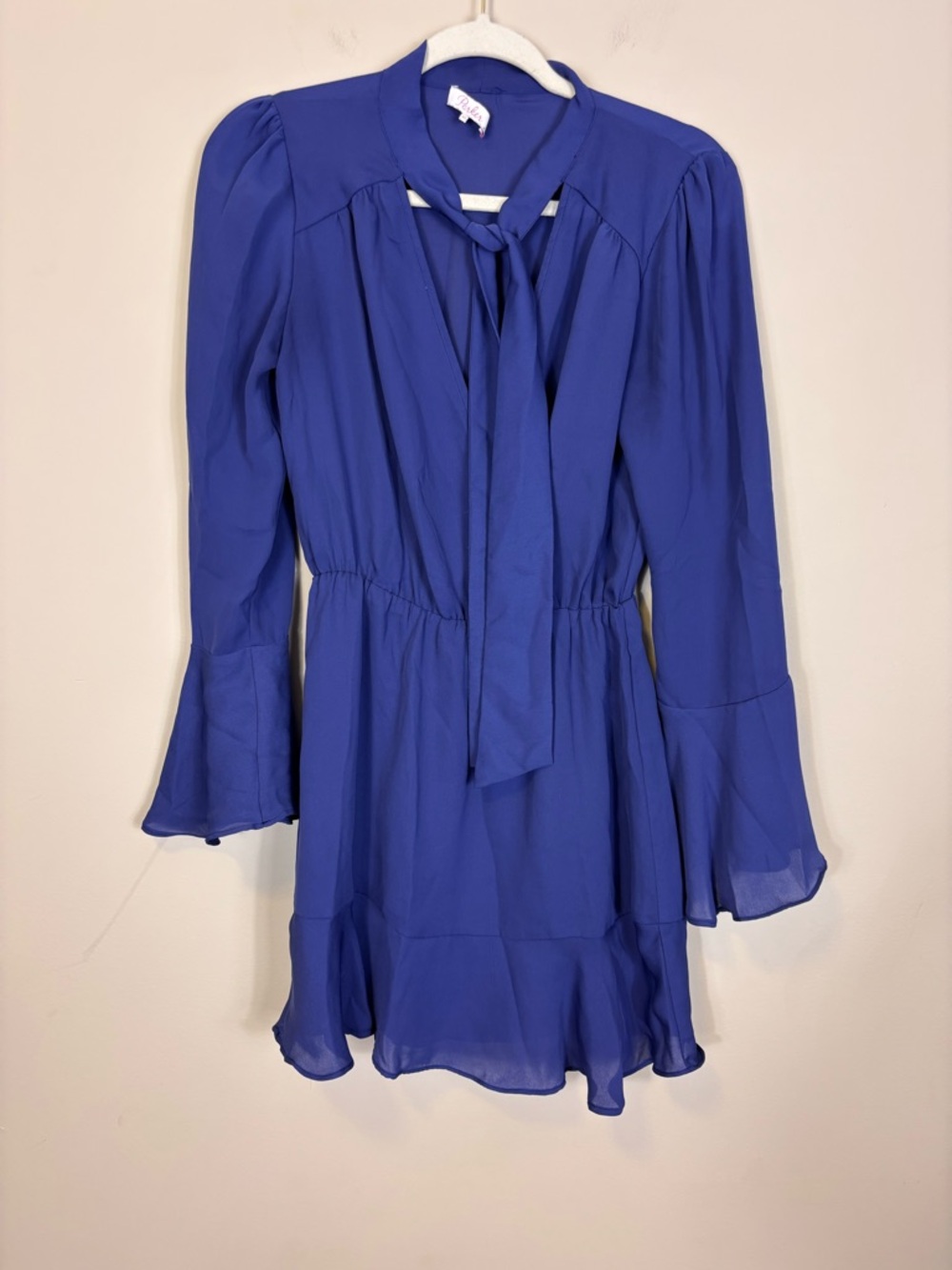 Parker Cobalt Blue Tie-Neck Long Bell Sleeve Mini Dress XS